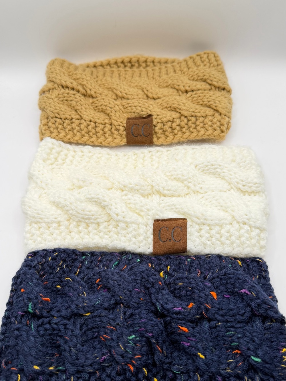C.C women’s and Kids Cable Knit Headbands – Mustard, Cream & Navy (3-Pack)